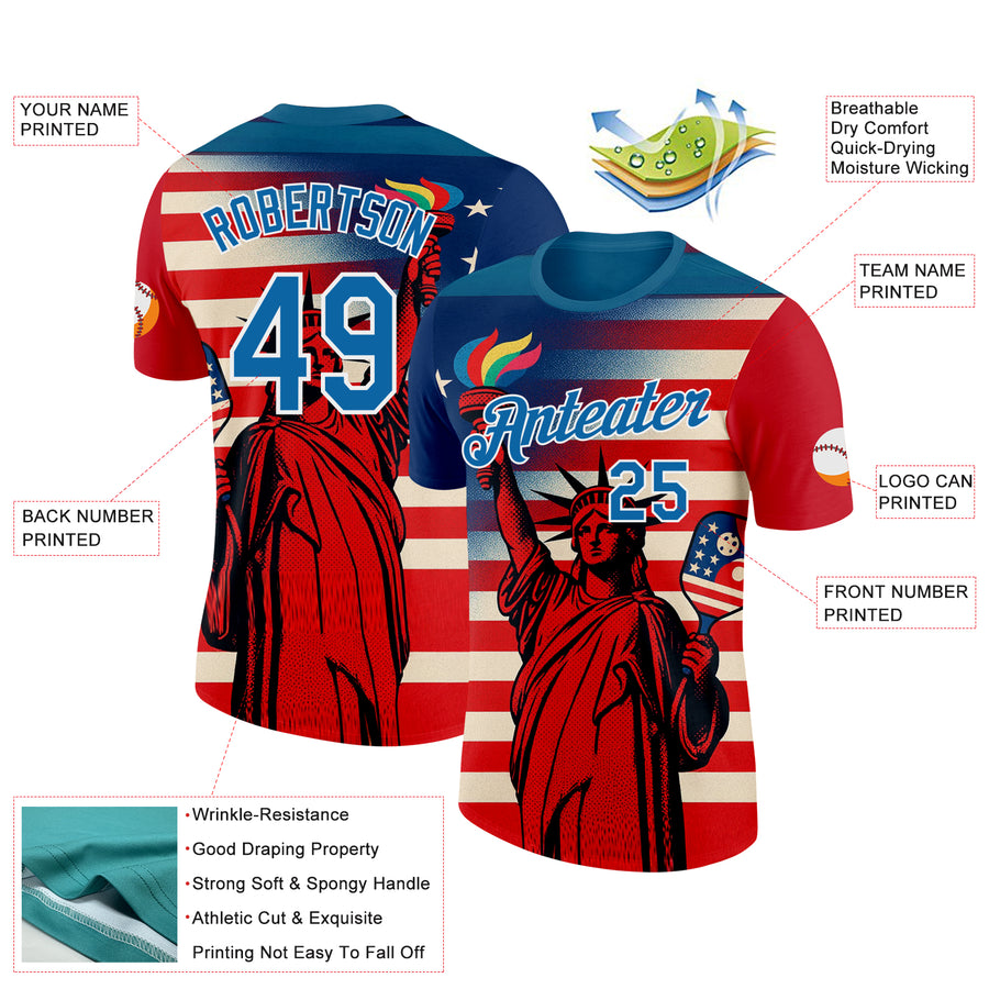 Custom Red Blue-White 3D Pickleball Paddles Balls American Flag Statue Of Liberty Performance T-Shirt