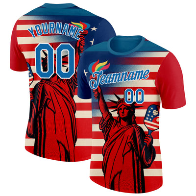 Custom Red Blue-White 3D Pickleball Paddles Balls American Flag Statue Of Liberty Performance T-Shirt