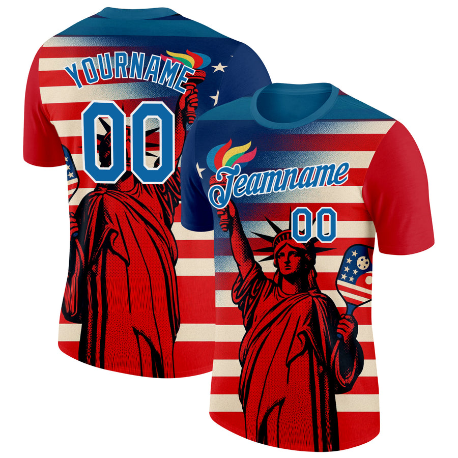 Custom Red Blue-White 3D Pickleball Paddles Balls American Flag Statue Of Liberty Performance T-Shirt