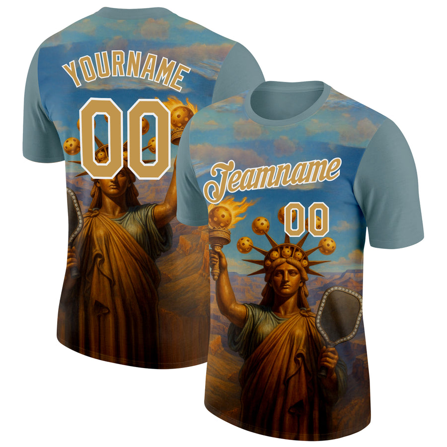 Custom Blue Old Gold-White 3D Pickleball Paddles Balls Retro Statue Of Liberty Performance T-Shirt