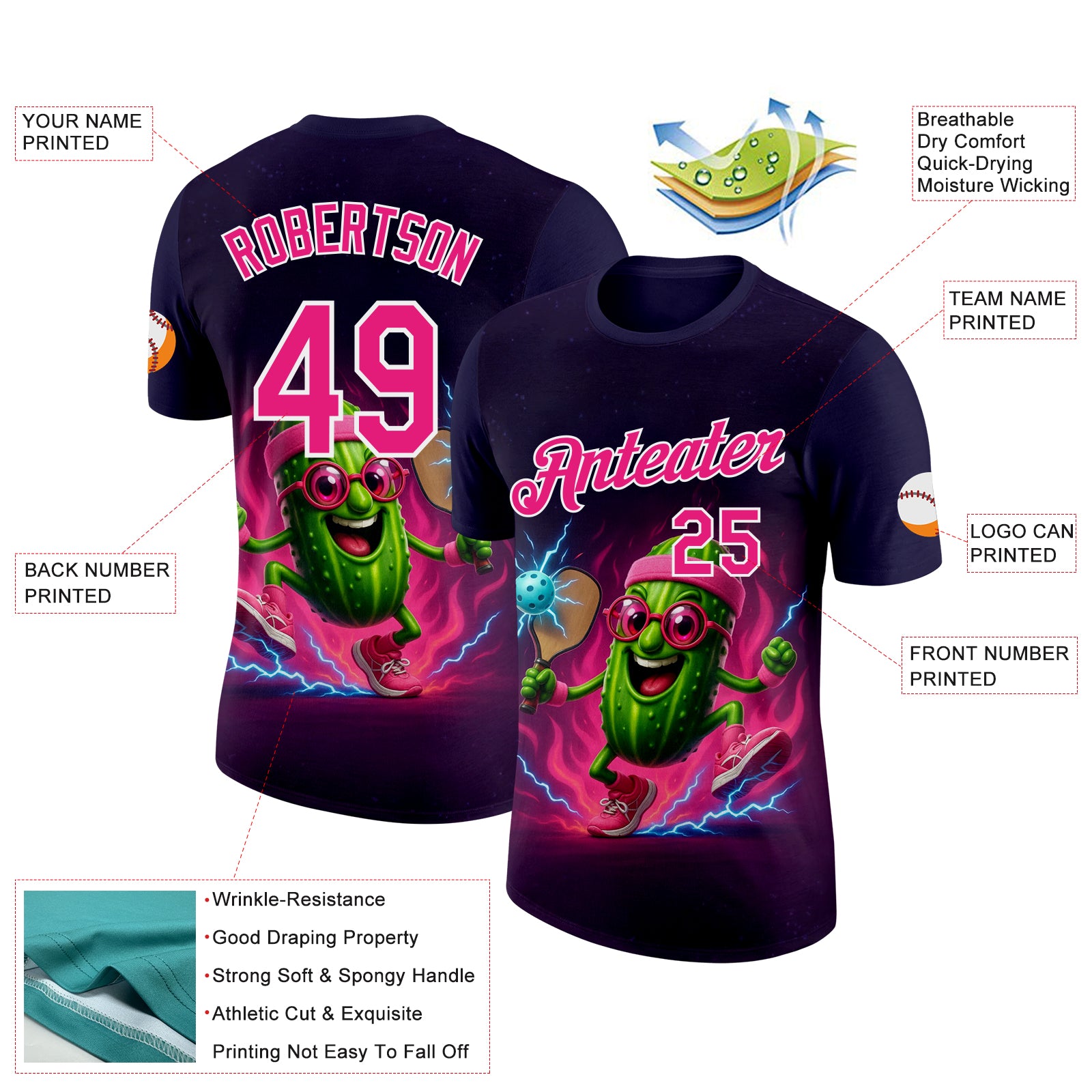 Custom Blue Hot Pink-White 3D Funny Pickleball Paddles Balls Lighting Performance T-Shirt