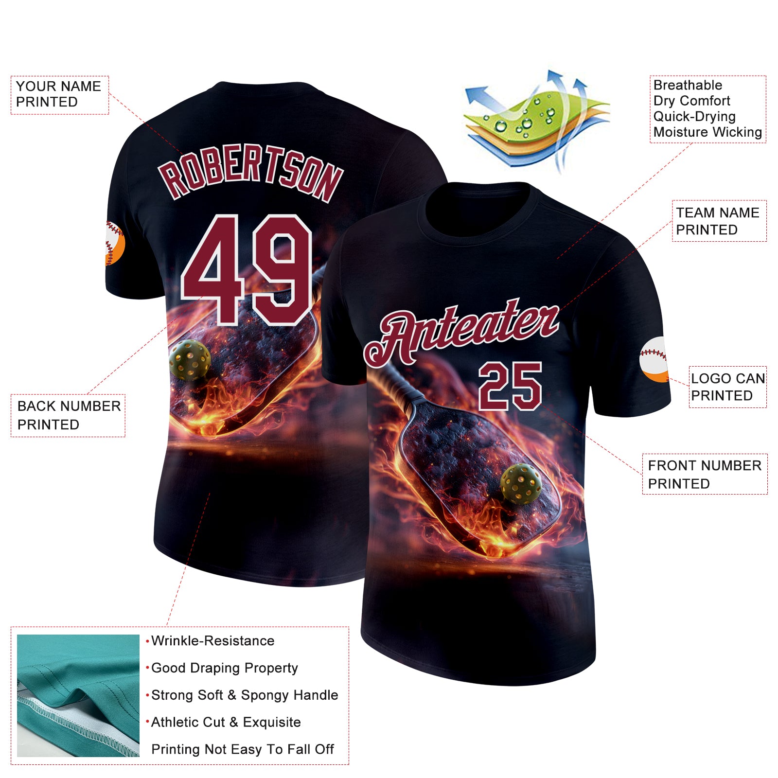 Custom Navy Crimson-White 3D Flame Pickleball Paddles Balls Performance T-Shirt
