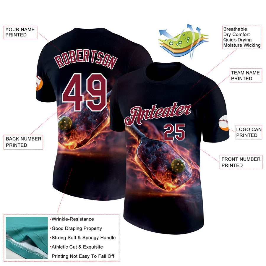 Custom Navy Crimson-White 3D Flame Pickleball Paddles Balls Performance T-Shirt