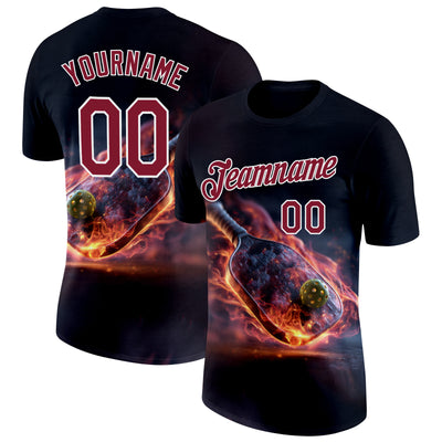 Custom Navy Crimson-White 3D Flame Pickleball Paddles Balls Performance T-Shirt