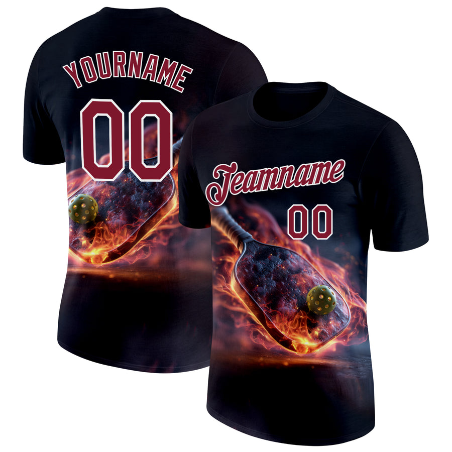 Custom Navy Crimson-White 3D Flame Pickleball Paddles Balls Performance T-Shirt