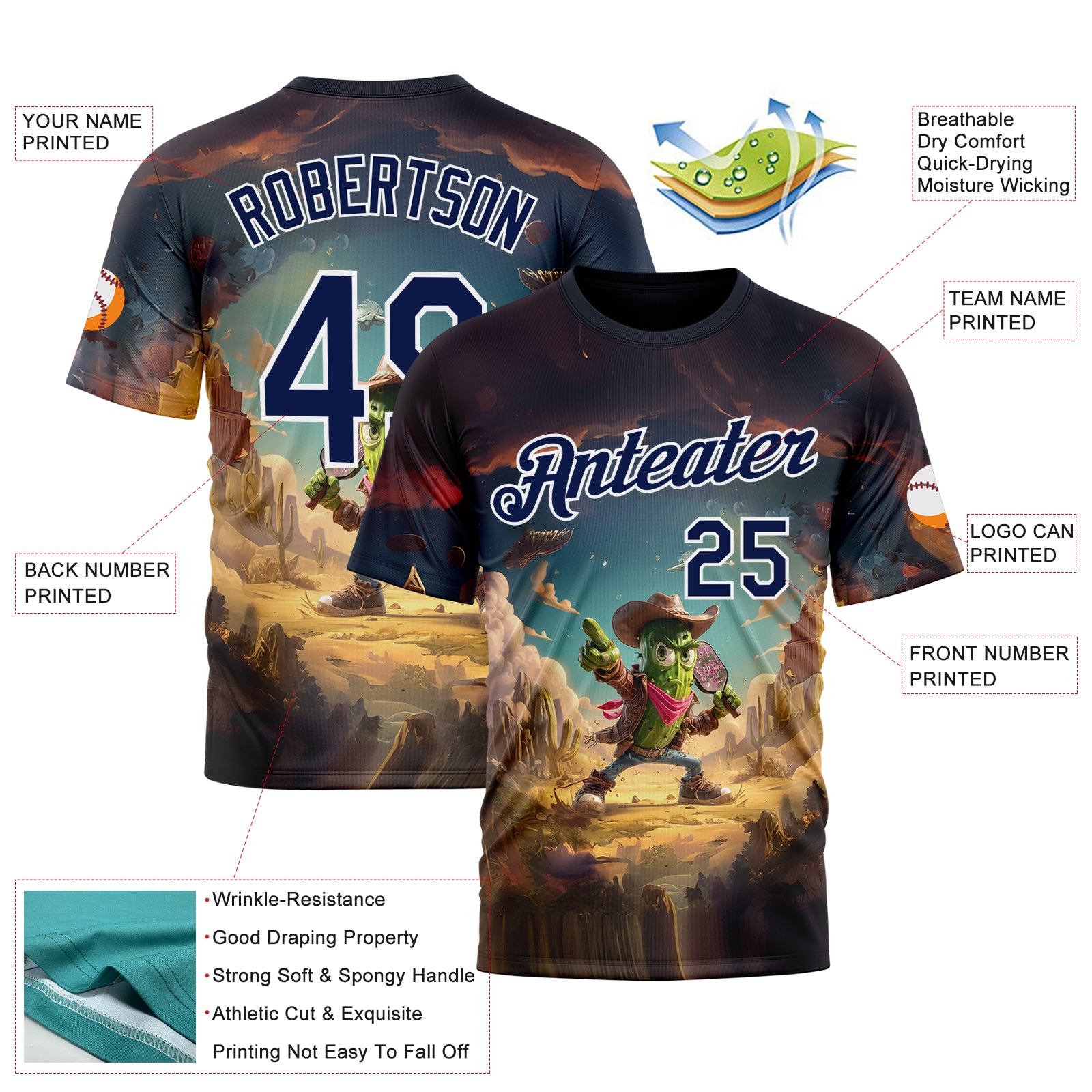 Custom Blue Navy-White 3D Funny Pickleball Paddles Balls West Cowboy Performance T-Shirt