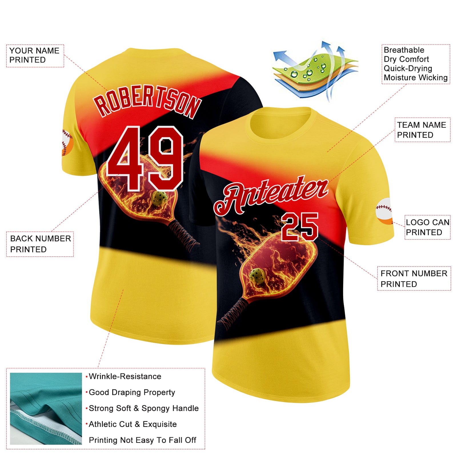 Custom Yellow Red Black-White 3D Flame Pickleball Paddles Balls Performance T-Shirt