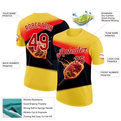 Custom Yellow Red Black-White 3D Flame Pickleball Paddles Balls Performance T-Shirt