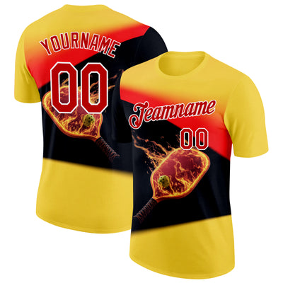 Custom Yellow Red Black-White 3D Flame Pickleball Paddles Balls Performance T-Shirt