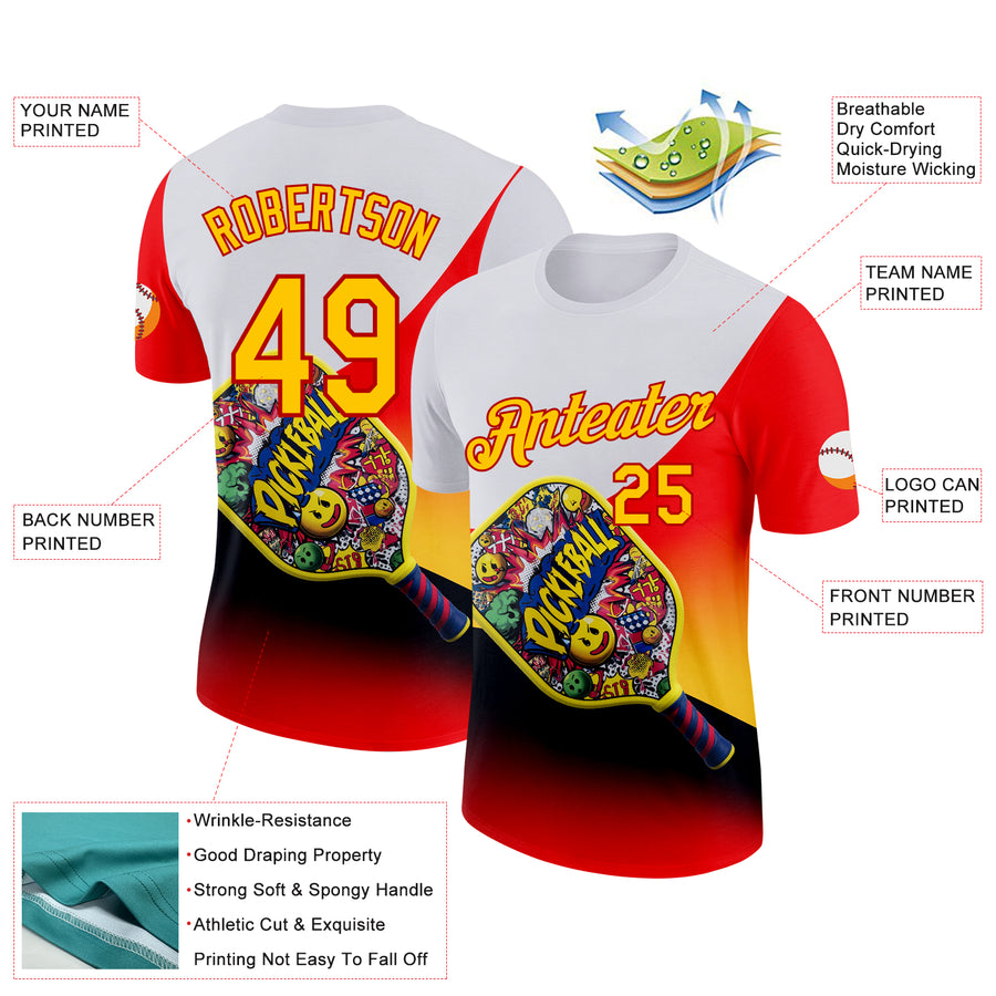 Custom White Yellow-Red 3D Graffiti Pickleball Paddles Balls Performance T-Shirt