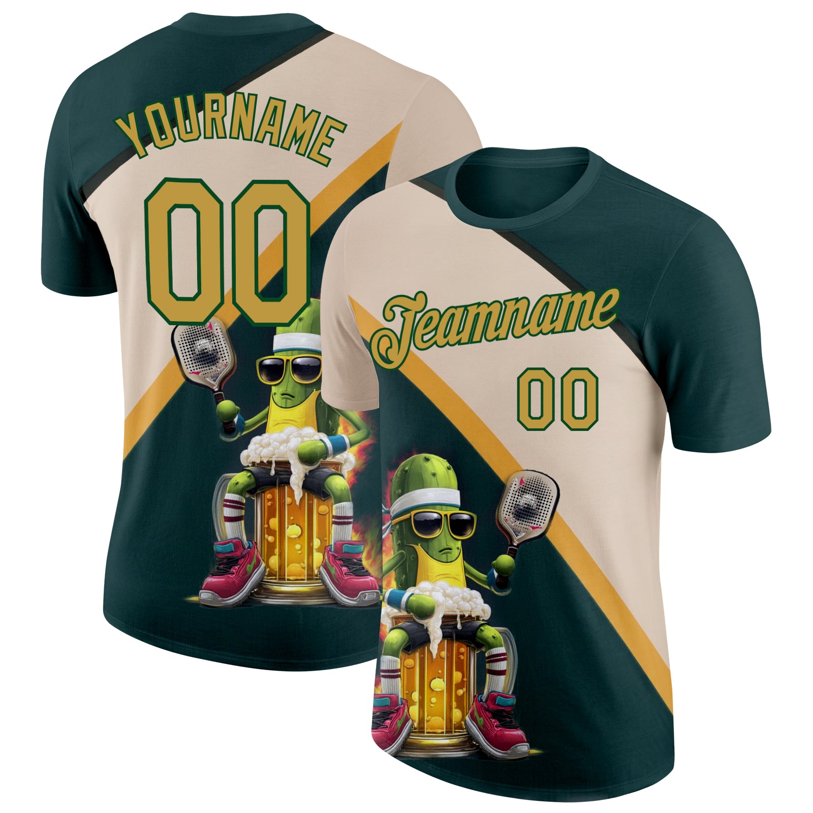Custom Green Old Gold-Cream 3D Funny Pickleball Paddles Balls Beer Performance T-Shirt