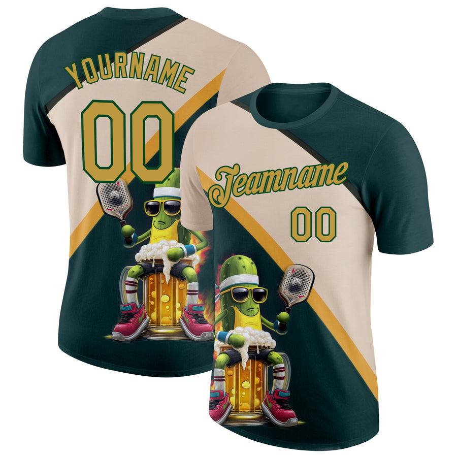 Custom Green Old Gold-Cream 3D Funny Pickleball Paddles Balls Beer Performance T-Shirt