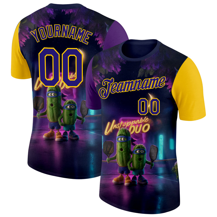 Custom Dark Purple Yellow 3D Funny Pickleball Paddles Balls Performance T-Shirt