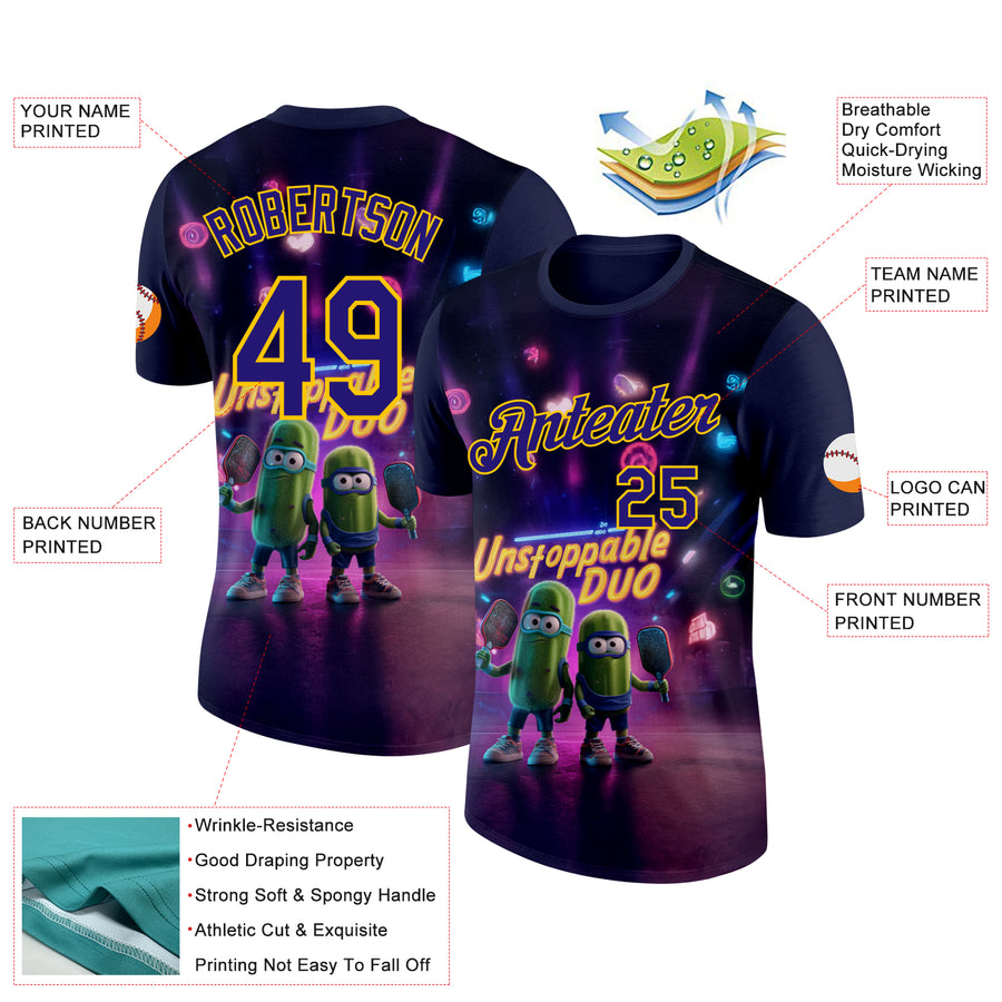 Custom Purple Dark Purple-Yellow 3D Funny Pickleball Paddles Balls Performance T-Shirt