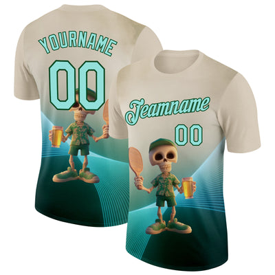 Custom Cream Ice Blue-Green 3D Funny Pickleball Paddles Skeleton Performance T-Shirt