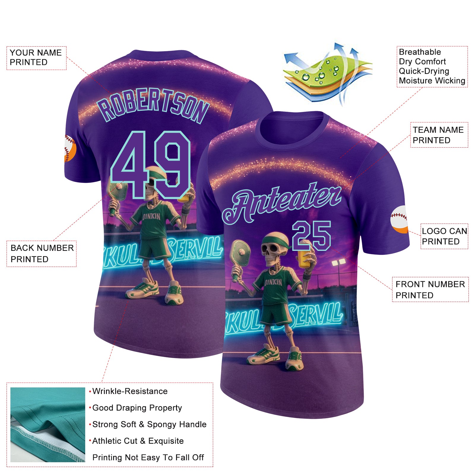 Custom Purple Ice Blue 3D Funny Pickleball Paddles Balls Skeleton Performance T-Shirt