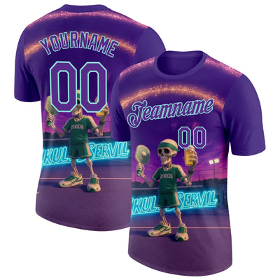 Custom Purple Ice Blue 3D Funny Pickleball Paddles Balls Skeleton Performance T-Shirt