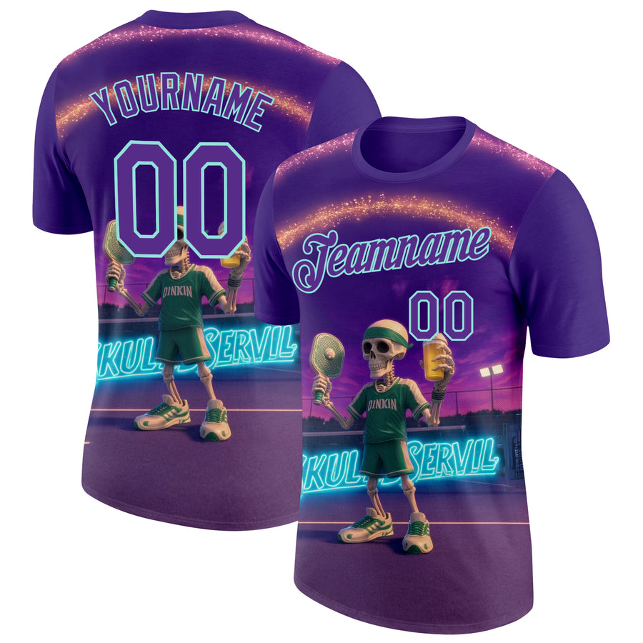 Custom Purple Ice Blue 3D Funny Pickleball Paddles Balls Skeleton Performance T-Shirt