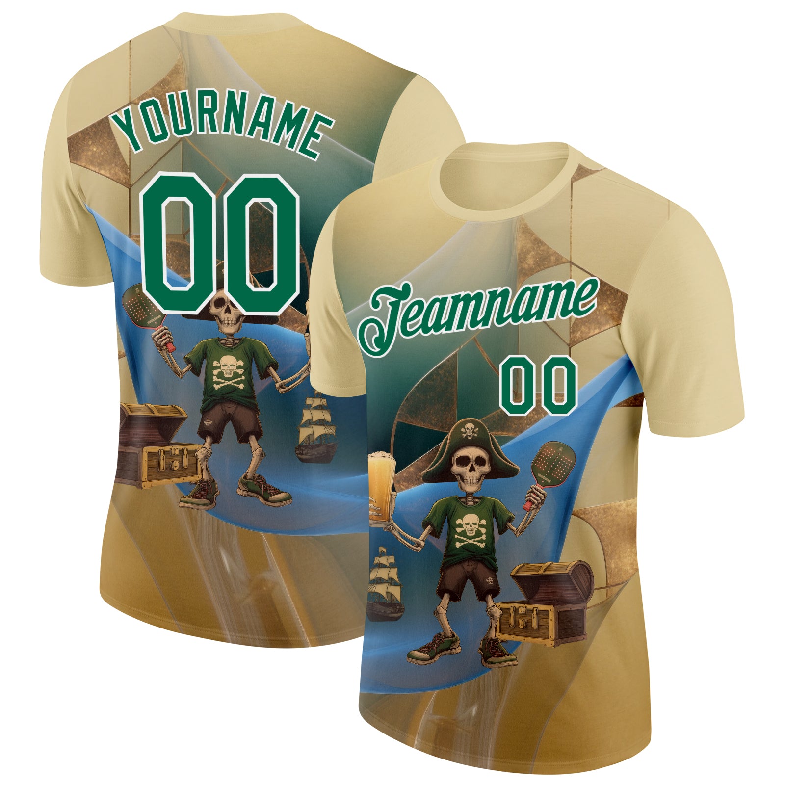 Custom Cream Kelly Green-White 3D Funny Pickleball Paddles Pirate Skeleton Performance T-Shirt