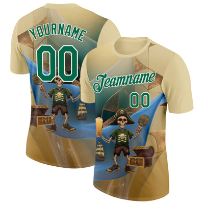 Custom Cream Kelly Green-White 3D Funny Pickleball Paddles Pirate Skeleton Performance T-Shirt