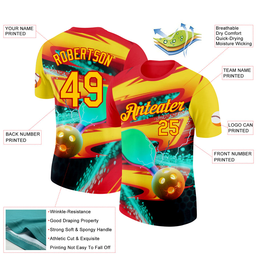 Custom Red Yellow-Blue 3D Pickleball Paddles Balls Performance T-Shirt