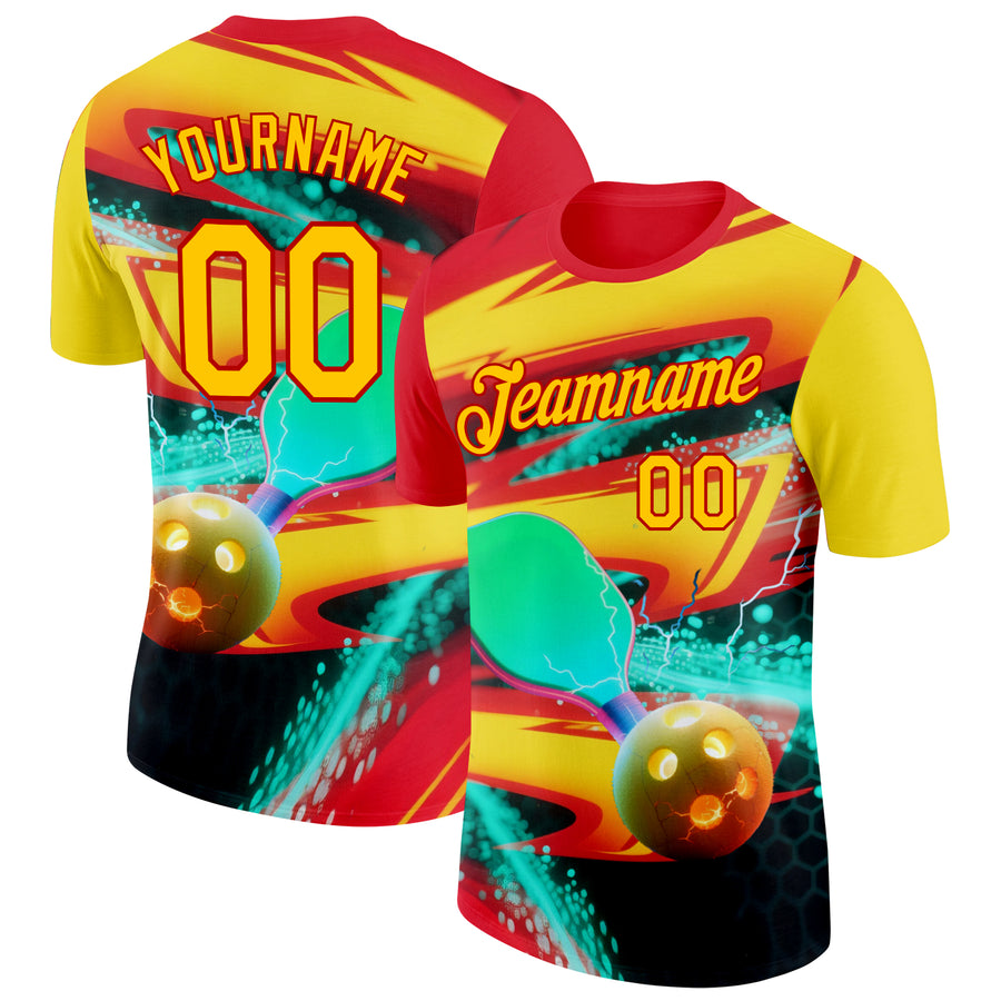 Custom Red Yellow-Blue 3D Pickleball Paddles Balls Performance T-Shirt