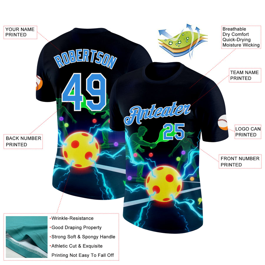 Custom Navy Powder Blue-White 3D Charged Pickleball Paddles Balls Court Performance T-Shirt