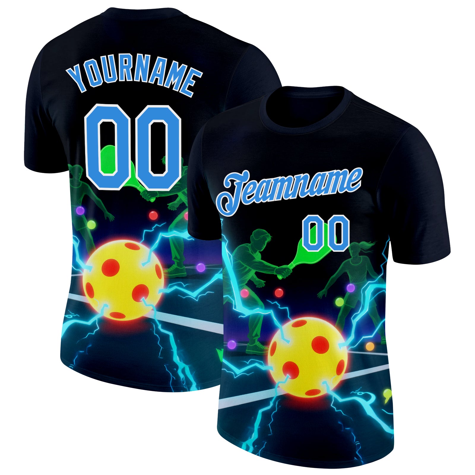 Custom Navy Powder Blue-White 3D Charged Pickleball Paddles Balls Court Performance T-Shirt