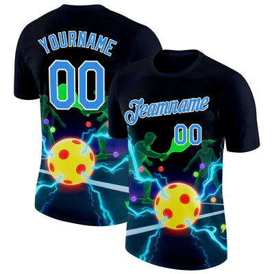 Custom Navy Powder Blue-White 3D Charged Pickleball Paddles Balls Court Performance T-Shirt
