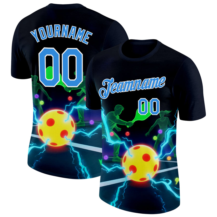 Custom Navy Powder Blue-White 3D Charged Pickleball Paddles Balls Court Performance T-Shirt