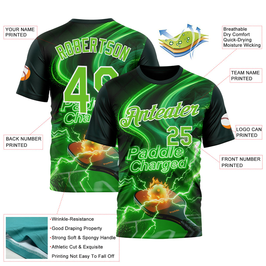 Custom Green Aurora Green-White 3D Charged Pickleball Paddles Balls Court Performance T-Shirt