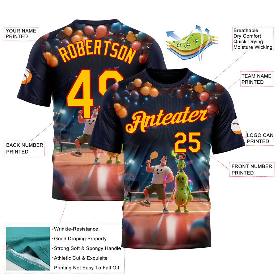 Custom Navy Yellow-Red 3D Happy Family Pickleball Paddles Balls Performance T-Shirt