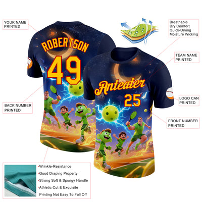 Custom Navy Yellow-Red 3D Charged Happy Family Pickleball Paddles Balls Performance T-Shirt