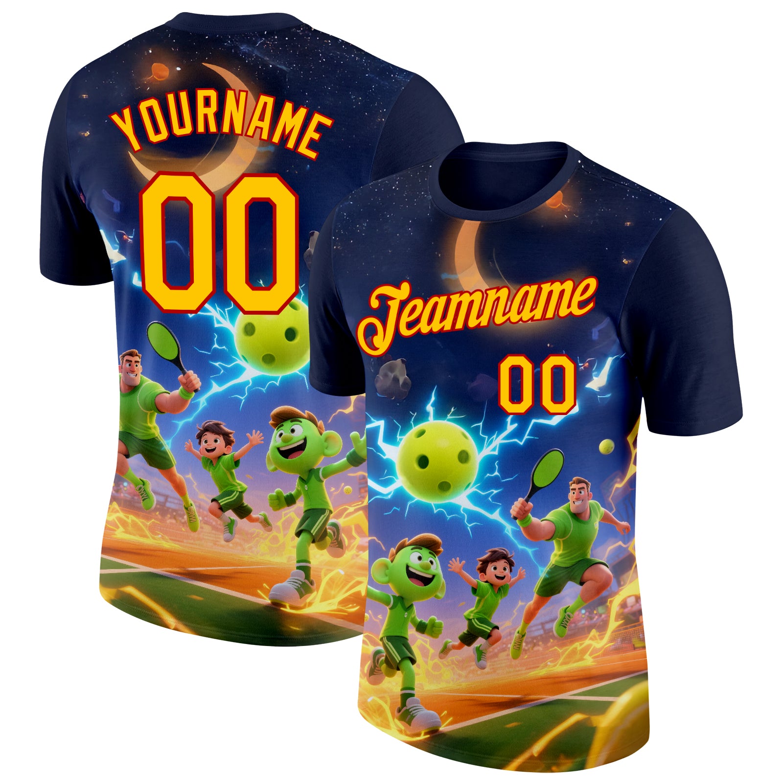 Custom Navy Yellow-Red 3D Charged Happy Family Pickleball Paddles Balls Performance T-Shirt