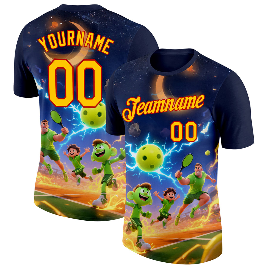 Custom Navy Yellow-Red 3D Charged Happy Family Pickleball Paddles Balls Performance T-Shirt