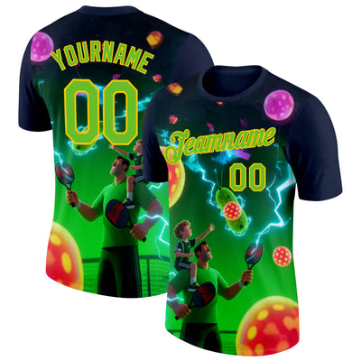 Custom Blue Aurora Green-Yellow 3D Charged Happy Family Pickleball Paddles Balls Performance T-Shirt