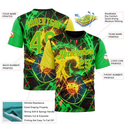 Custom Blue Aurora Green-Yellow 3D Charged Pickleball Paddles Balls Performance T-Shirt