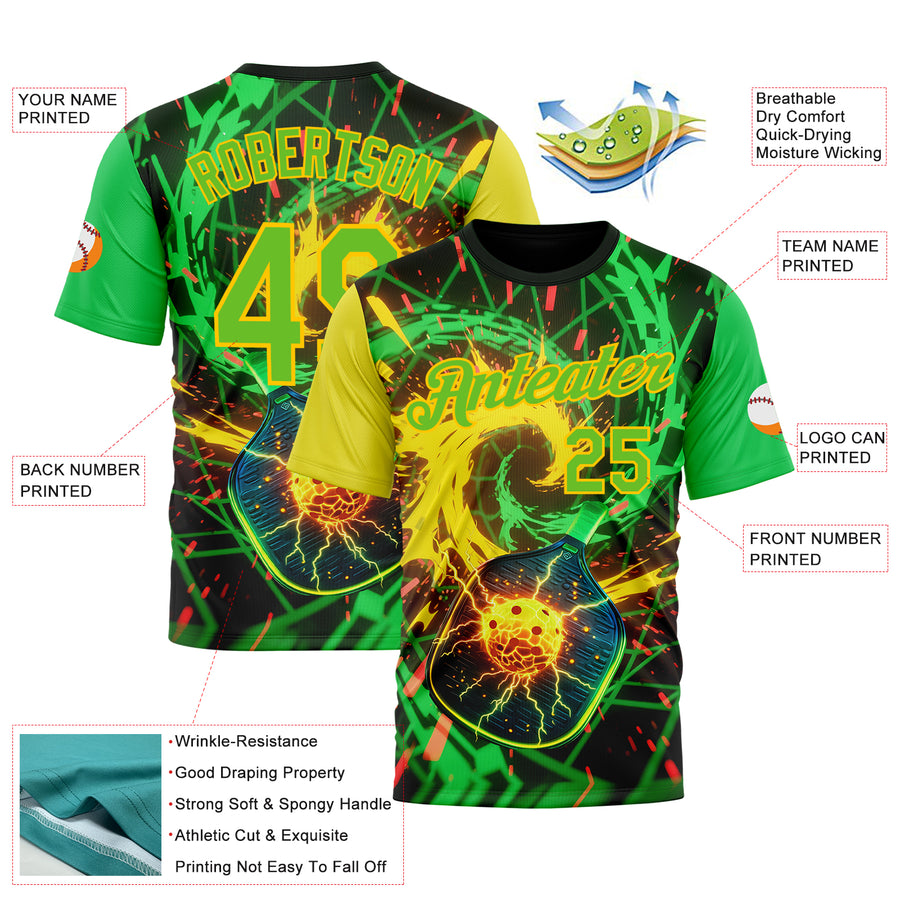 Custom Blue Aurora Green-Yellow 3D Charged Pickleball Paddles Balls Performance T-Shirt