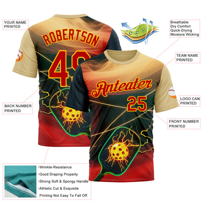 Custom Cream Red Blue-Yellow 3D Charged Pickleball Paddles Balls Performance T-Shirt