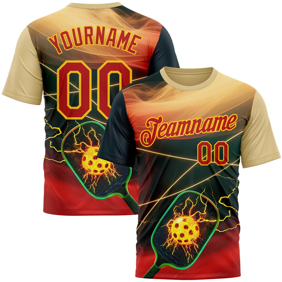 Custom Cream Red Blue-Yellow 3D Charged Pickleball Paddles Balls Performance T-Shirt
