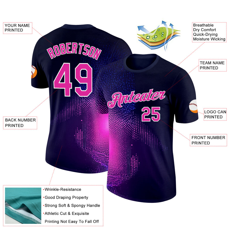 Custom Navy Deep Pink-White 3D Pattern Design Gradient Neon Sportswear Performance T-Shirt
