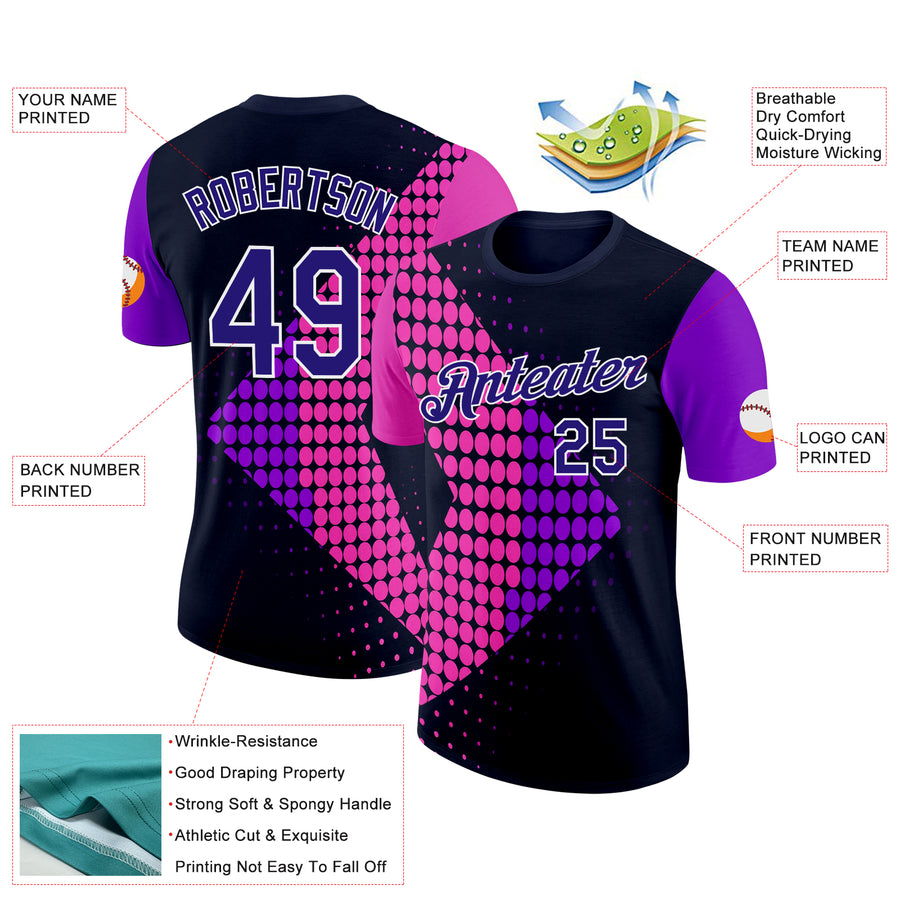 Custom Navy Dark Purple Pink-White 3D Pattern Design Neon Dots Sportswear Performance T-Shirt