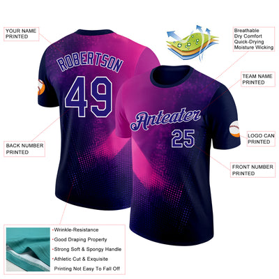 Custom Navy Dark Purple Pink-White 3D Pattern Design Gradient Neon Sportswear Performance T-Shirt