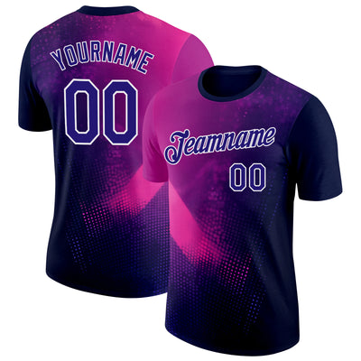 Custom Navy Dark Purple Pink-White 3D Pattern Design Gradient Neon Sportswear Performance T-Shirt