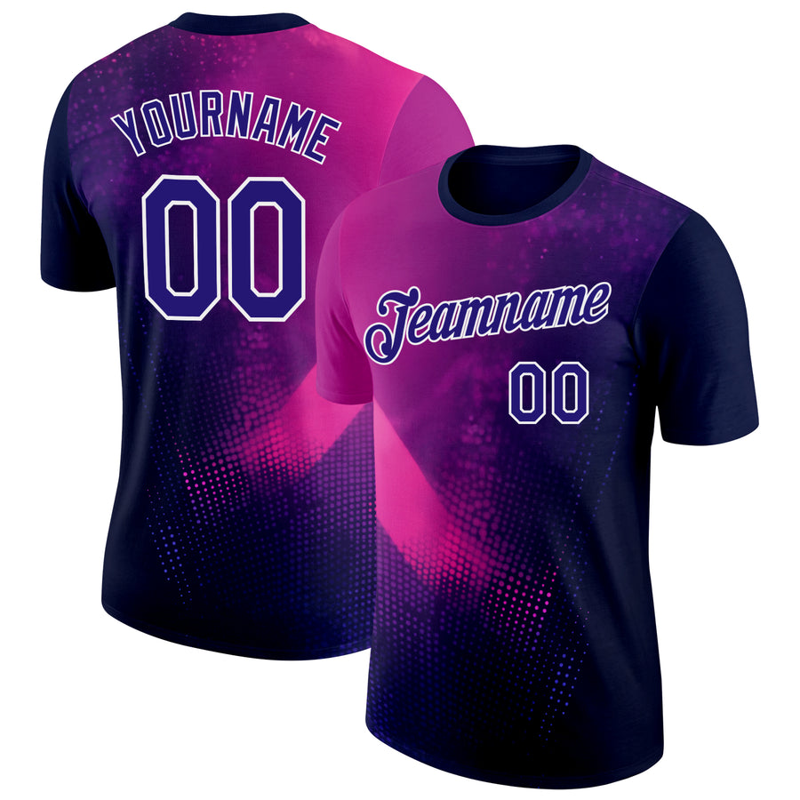 Custom Navy Dark Purple Pink-White 3D Pattern Design Gradient Neon Sportswear Performance T-Shirt