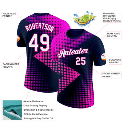 Custom Navy White-Deep Pink 3D Pattern Design Gradient Neon Sportswear Performance T-Shirt