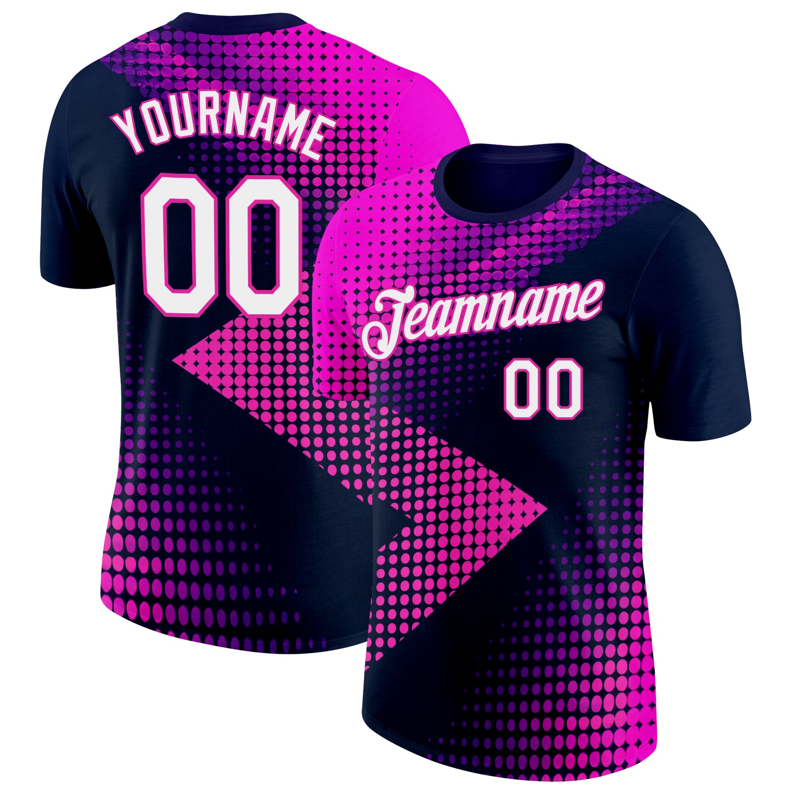 Custom Navy White-Deep Pink 3D Pattern Design Gradient Neon Sportswear Performance T-Shirt