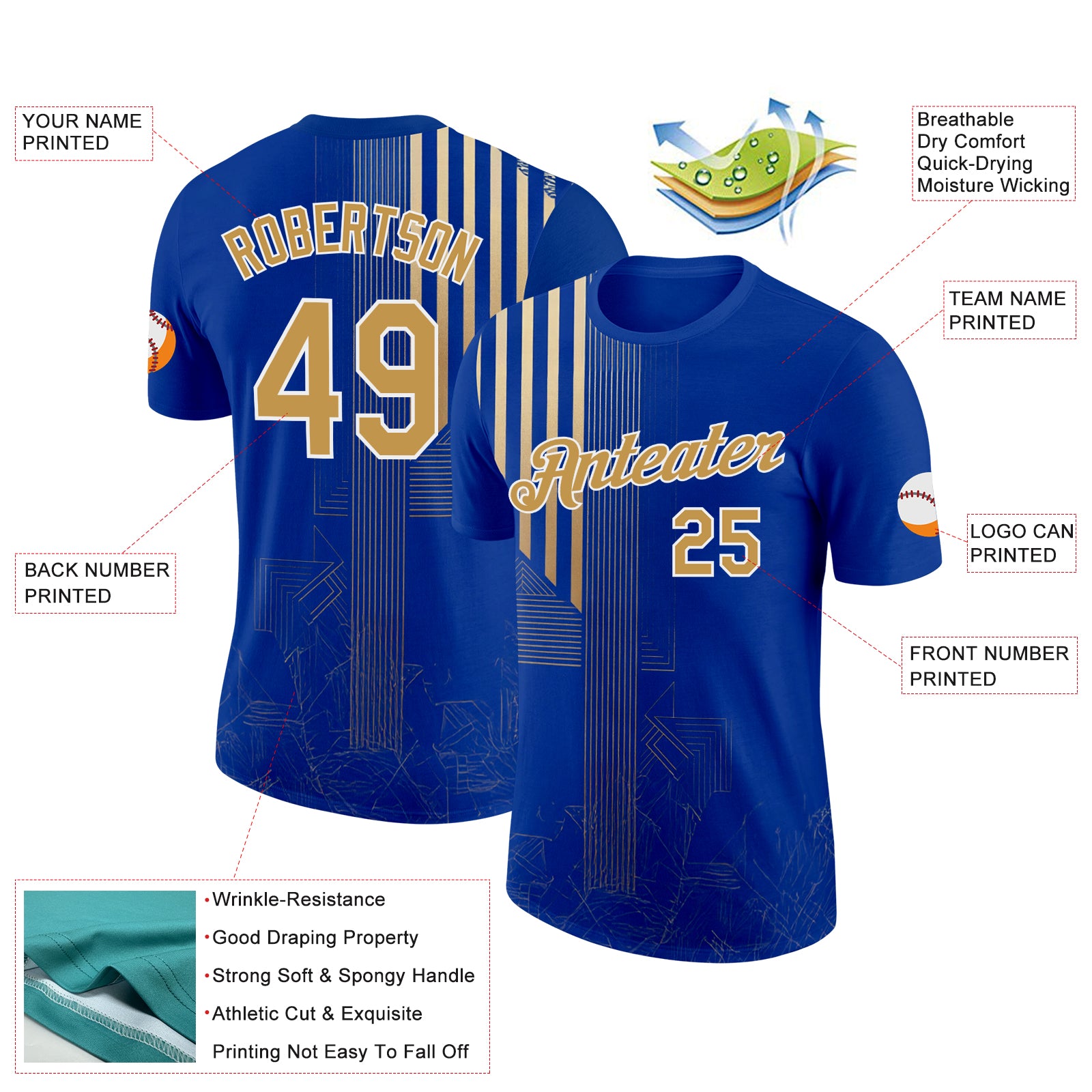 Custom Blue Old Gold-White 3D Pattern Design Brazil Stripe Sportswear Performance T-Shirt