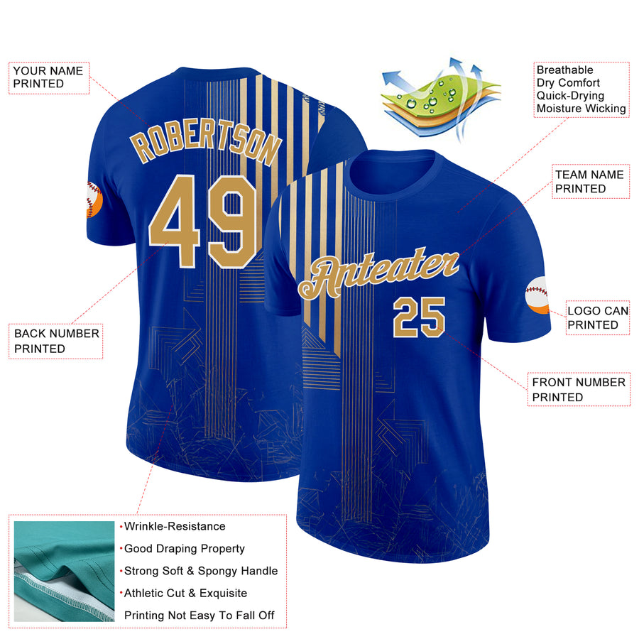 Custom Blue Old Gold-White 3D Pattern Design Brazil Stripe Sportswear Performance T-Shirt