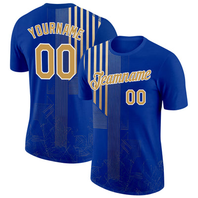 Custom Blue Old Gold-White 3D Pattern Design Brazil Stripe Sportswear Performance T-Shirt